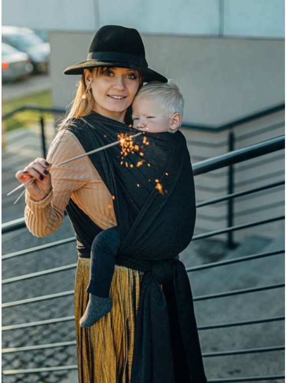 Baby Wrap, jacquard, (59% kokvilna, 41% merino vilna) - PEACOCK'S TAIL - PITCH BLACK