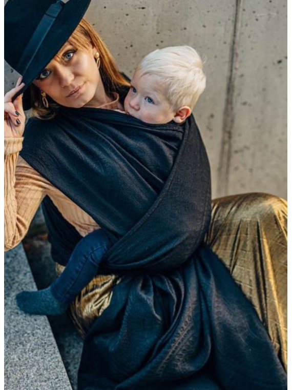 Baby Wrap, jacquard, (59% kokvilna, 41% merino vilna) - PEACOCK'S TAIL - PITCH BLACK