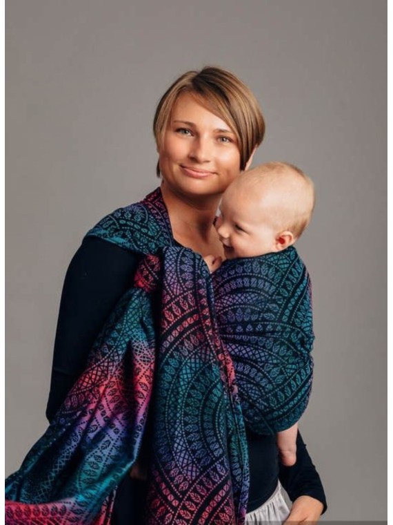 Baby Wrap, jacquard, (60% kokvilna, 28% merino vilna, 8% zīds, 4% cashmere) - PEACOCK'S TAIL - BLACK OPAL